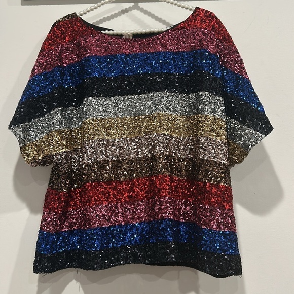 Gap Color Block Sequin Top Fully Lined Short Sleeve Boxy Look Wide L/XL shirt - Picture 6 of 8